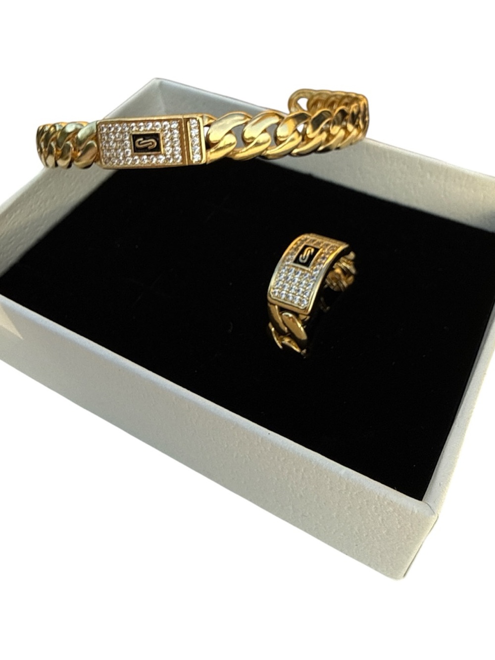 Monaco Chain Classic Pavé Gold Bracelet & Ring Set (adjustable)